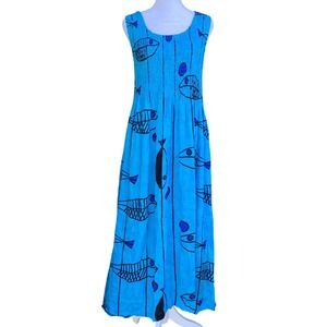Vintage Blue Fish Print Smocked Maxi Dress Small Coastal Boho Hippie Granola 90s